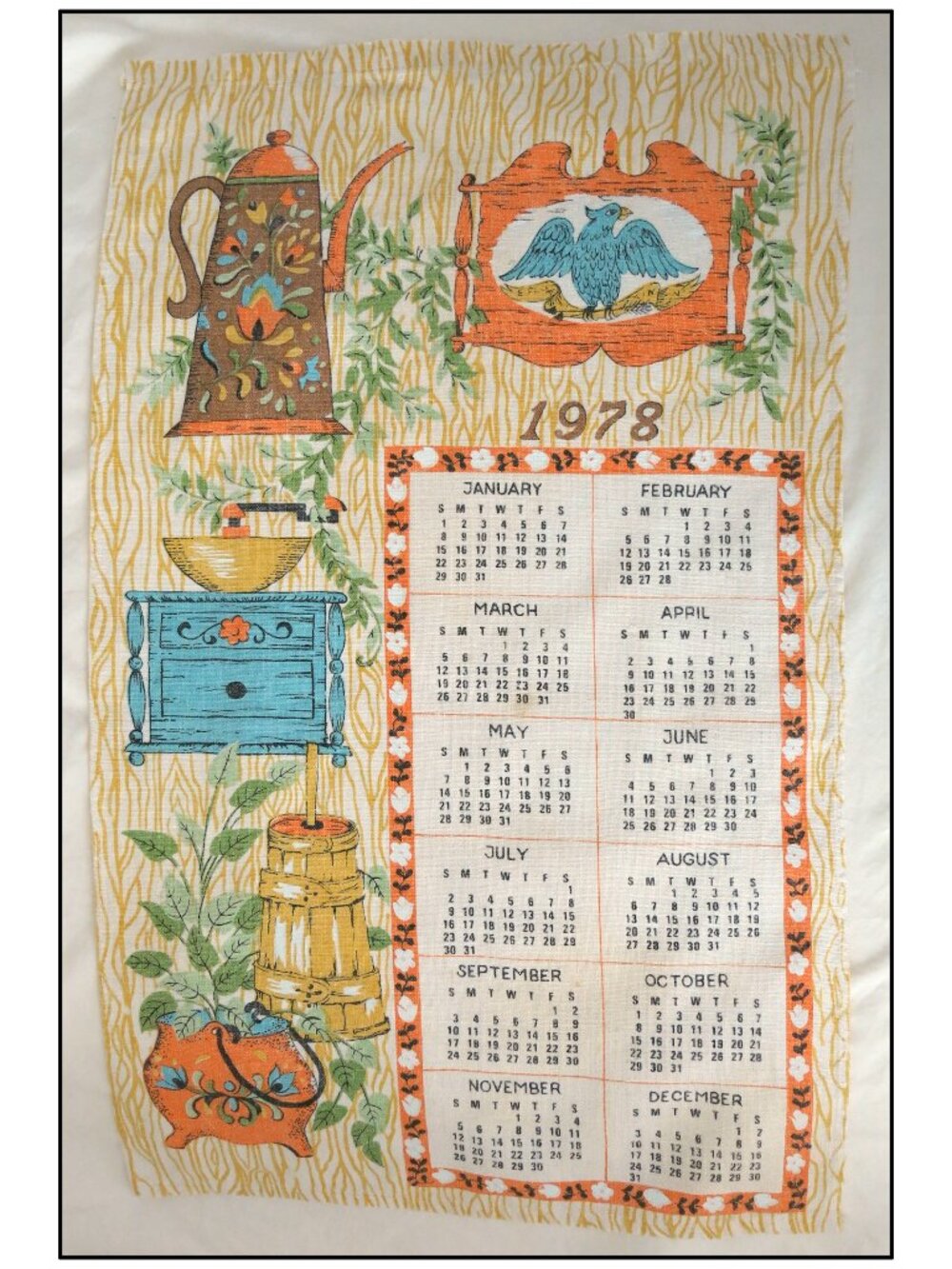 VINTAGE 1978 Linen Kitchen Calendar Tea Towel Butter Churn Coffee Pot Eagle